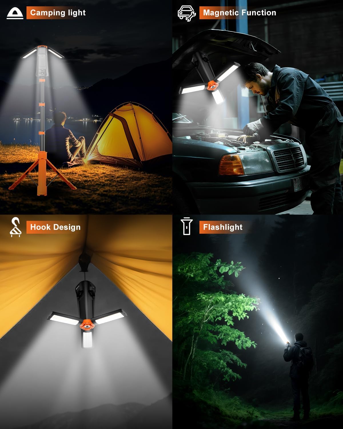 Camping Light with Stand 85.9 Rechargeable Cordless 5500 High Lumens LED Work Light, 10000mAh Solar Magnetic Waterproof Emergency, Dimmable Camping Essentials Gear with Detachable Tripod